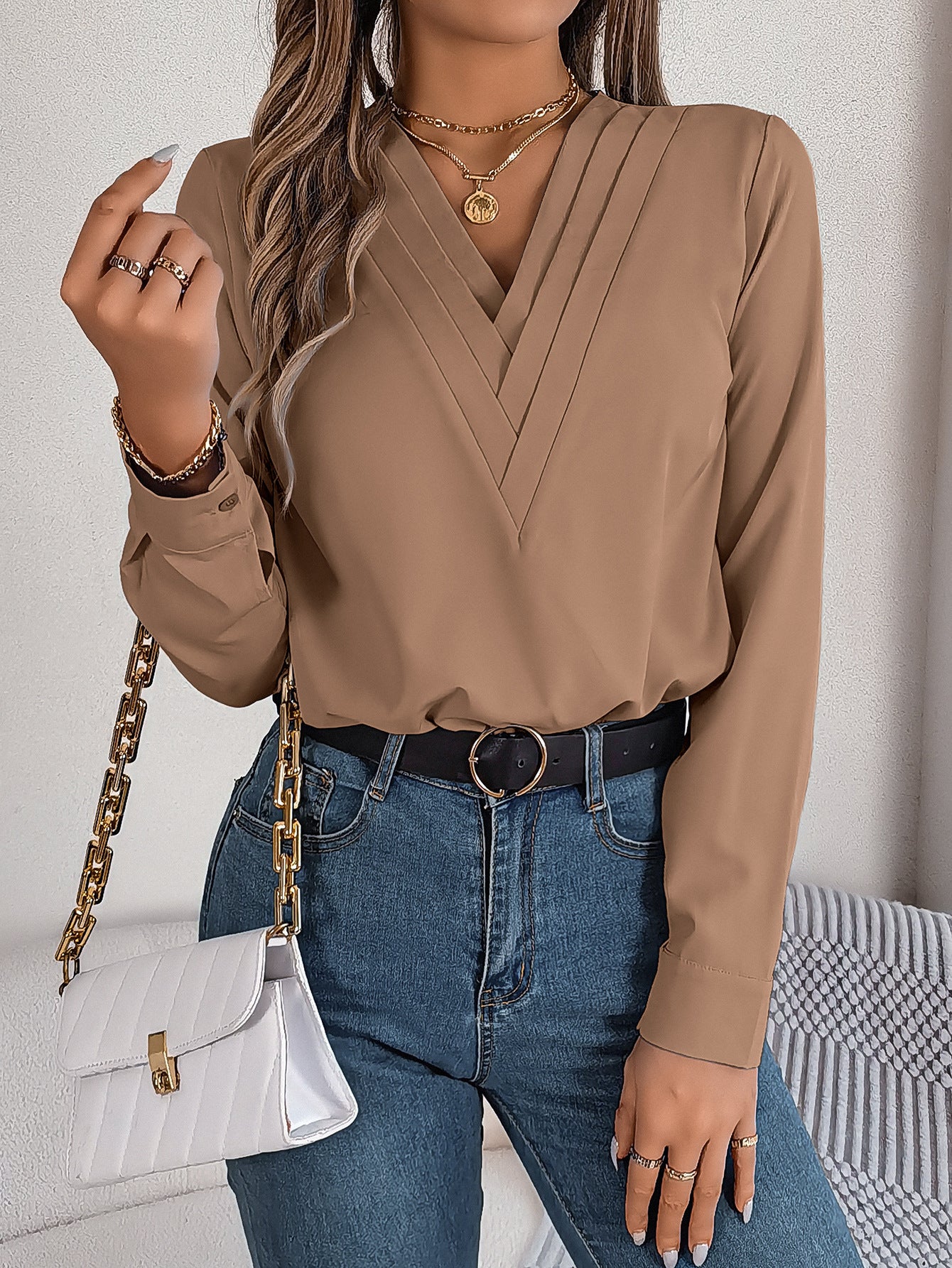 Fashion V-Neck Long Sleeve Shirt Elegant Commuter Solid Blouse Office Women's Clothing - 𝓢𝓱𝓸𝓹𝓵𝓮𝓬𝔂