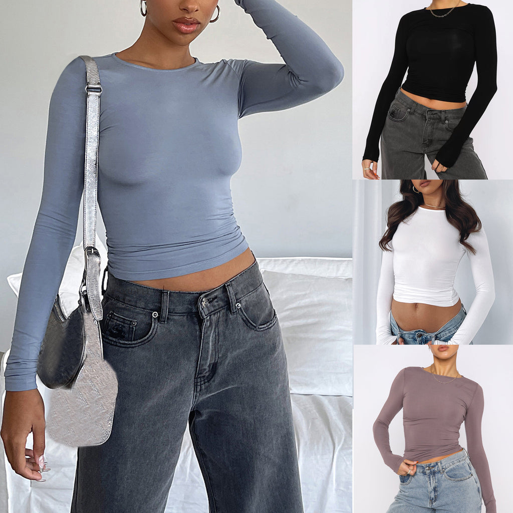 Women's Clothing Fashion Slim Long-sleeved Pullovers Tops Solid Causal Fit Shirts - 𝓢𝓱𝓸𝓹𝓵𝓮𝓬𝔂