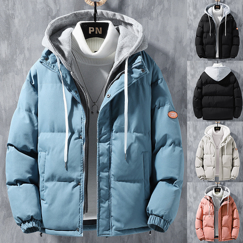 Fashion Hooded Jacket Men Winter Windproof Thickened Fake Two-piece Coat Solid Leisure Sports Cotton Jacket - 𝓢𝓱𝓸𝓹𝓵𝓮𝓬𝔂