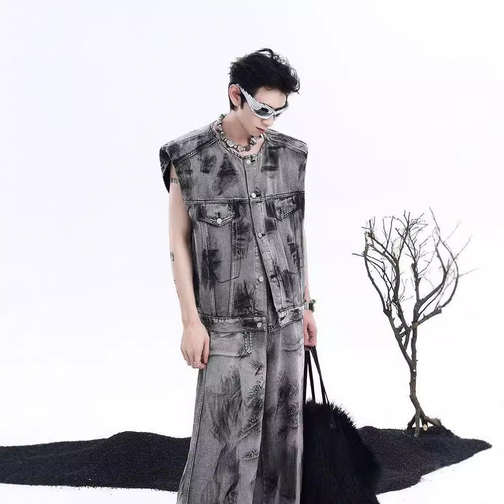 American Street Graffiti Padded Shoulder Sleeveless Denim Coat - 𝓢𝓱𝓸𝓹𝓵𝓮𝓬𝔂