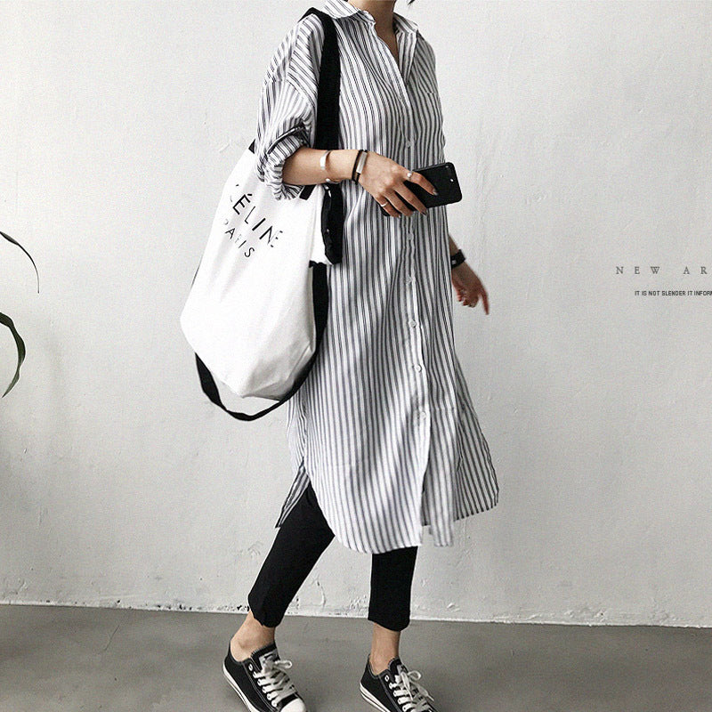 Early Autumn Lazy Cold Style Mid-length Striped Shirt - 𝓢𝓱𝓸𝓹𝓵𝓮𝓬𝔂
