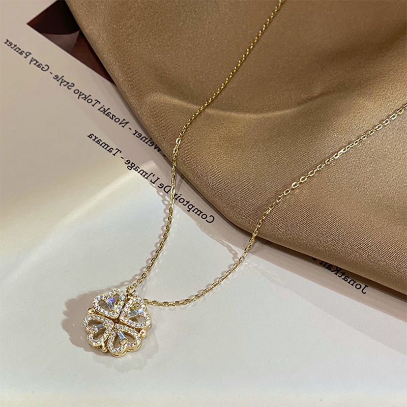 Retro Magnetic Folding Heart Shaped Four Leaf Clover Pendant Necklace Women Love Clavicle Chain Gifts Openable Choker Jewelry - 𝓢𝓱𝓸𝓹𝓵𝓮𝓬𝔂