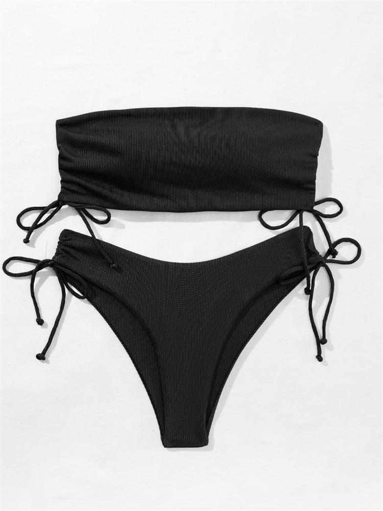 Summer Tube Bikini With Drawstring Design Solid Color Sexy Swimsuit For Beach Party Womens Clothing - 𝓢𝓱𝓸𝓹𝓵𝓮𝓬𝔂