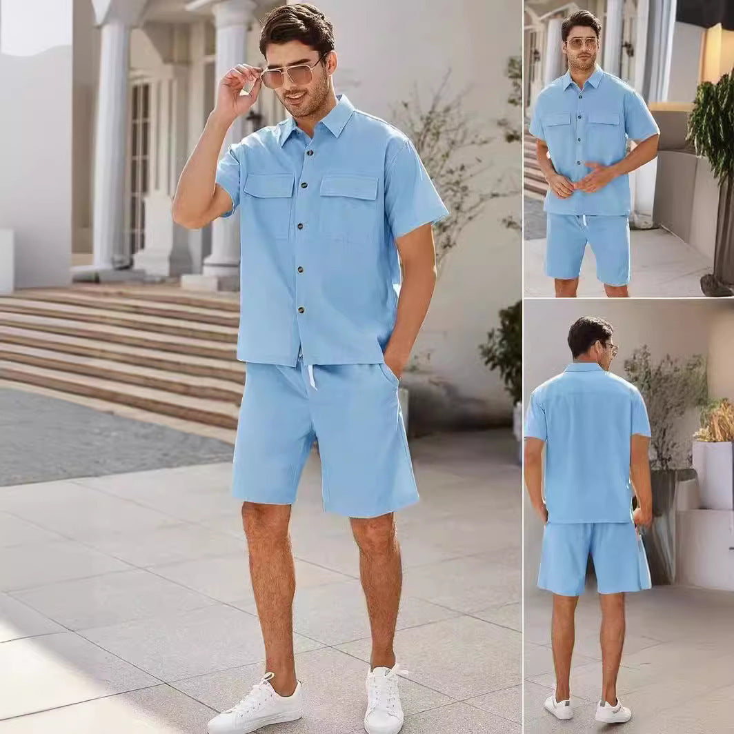 Summer Suits Men Short Sleeve Lapel Pockets Shirt And Drawstring Shorts Sports Fashion Leisure Men's Clothing - 𝓢𝓱𝓸𝓹𝓵𝓮𝓬𝔂