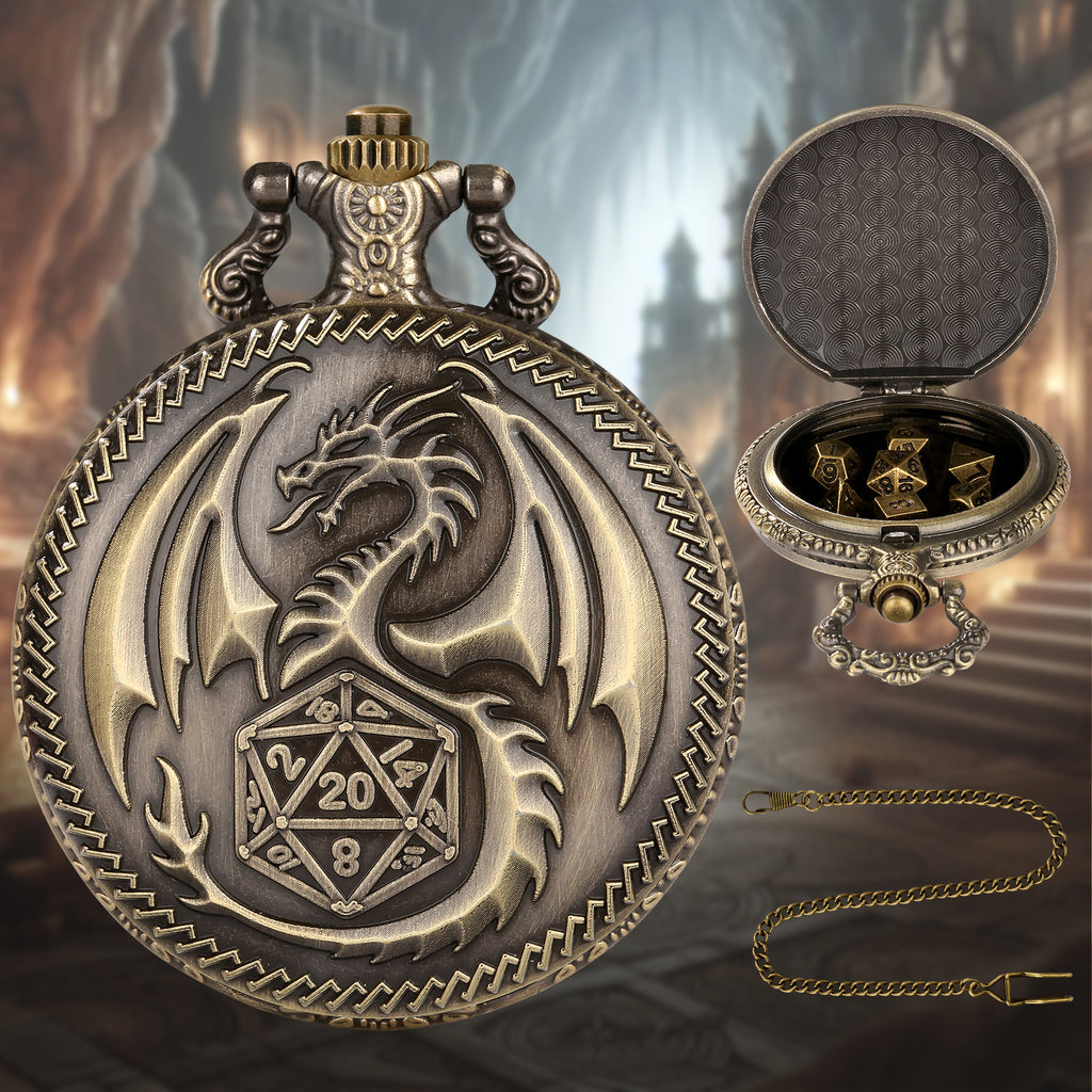 Dragon Pocket Watch Set With Thick Chain And Mini DND Dice Set Equipped With 7 Game Polyhedral Metal Dice Dragon And Dungeon Tabletop Role-playing Game Dice - 𝓢𝓱𝓸𝓹𝓵𝓮𝓬𝔂