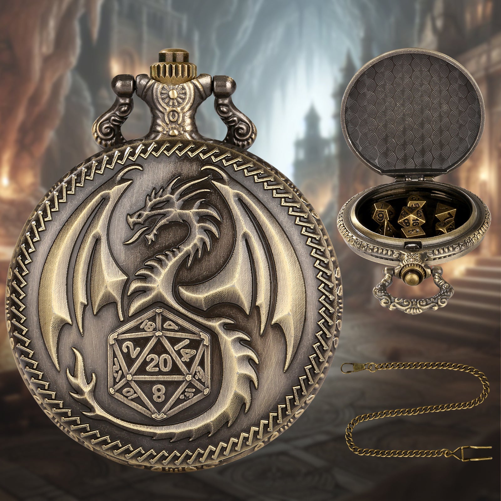 Dragon Pocket Watch Set With Thick Chain And Mini DND Dice Set Equipped With 7 Game Polyhedral Metal Dice Dragon And Dungeon Tabletop Role-playing Game Dice - 𝓢𝓱𝓸𝓹𝓵𝓮𝓬𝔂