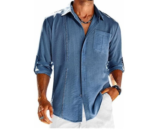 Casual  Long Sleeve Shirt With Pocket Lace Polo Collar Solid Color Button Mens Clothing - 𝓢𝓱𝓸𝓹𝓵𝓮𝓬𝔂