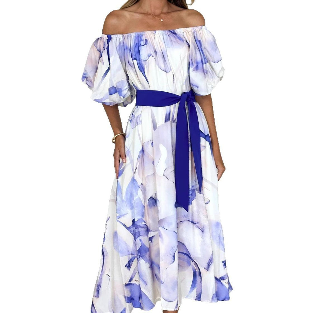 European American Summer New Temperament Shoulder Waist Puff Sleeve Printed Large Swing Dress - 𝓢𝓱𝓸𝓹𝓵𝓮𝓬𝔂