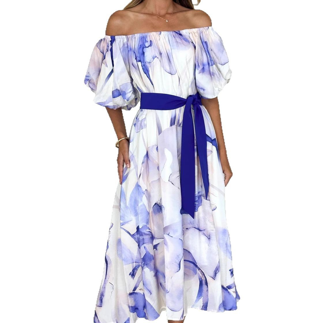 European American Summer New Temperament Shoulder Waist Puff Sleeve Printed Large Swing Dress - 𝓢𝓱𝓸𝓹𝓵𝓮𝓬𝔂