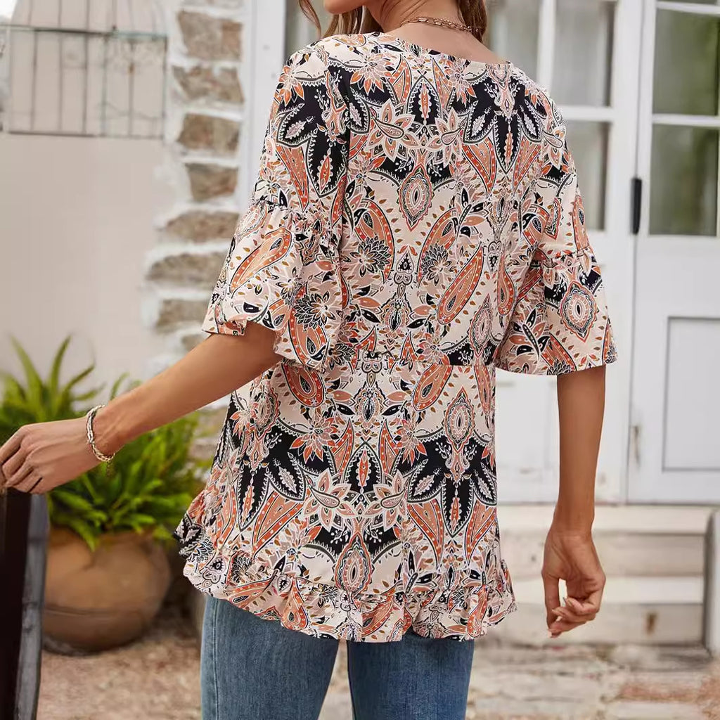 V-neck Printed T-shirt Casual Bell Sleeve Top - 𝓢𝓱𝓸𝓹𝓵𝓮𝓬𝔂