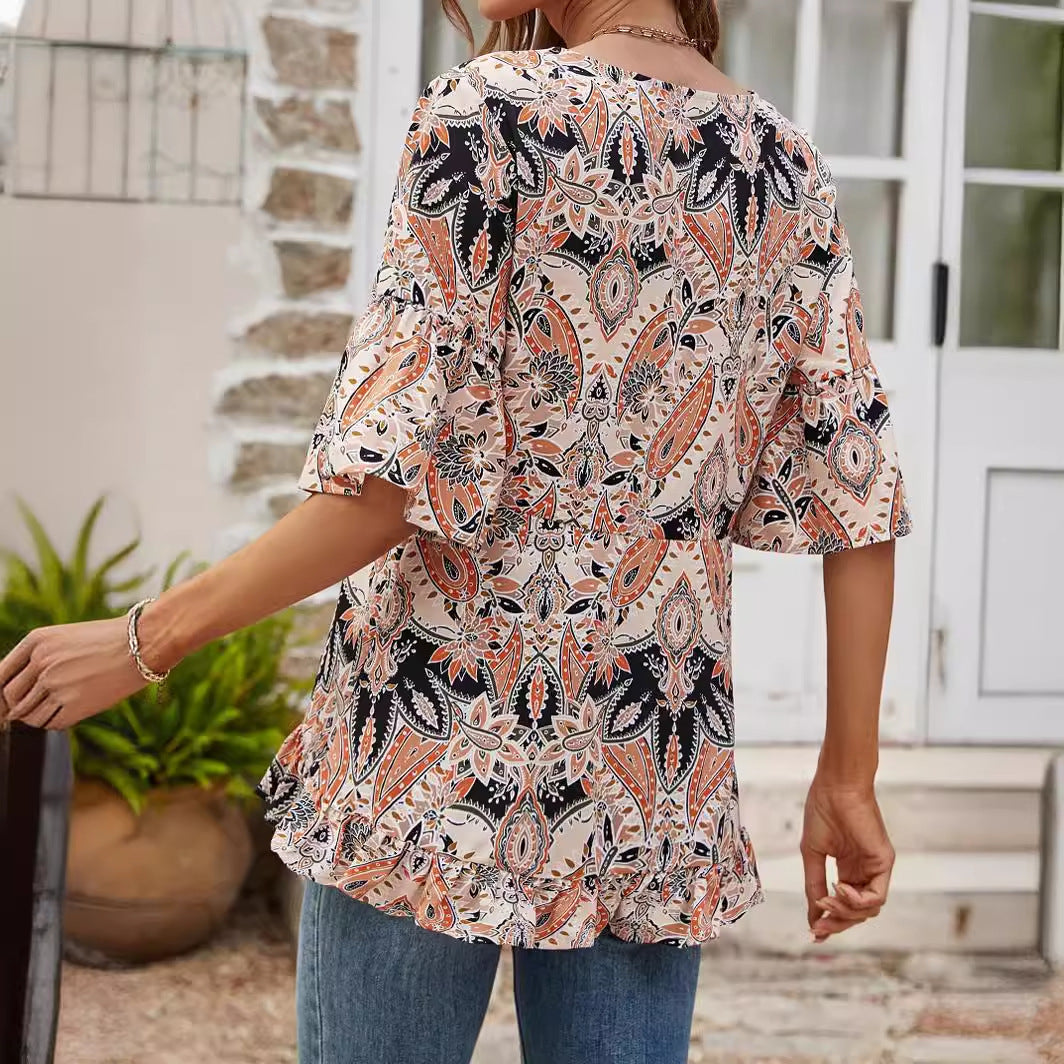 V-neck Printed T-shirt Casual Bell Sleeve Top - 𝓢𝓱𝓸𝓹𝓵𝓮𝓬𝔂