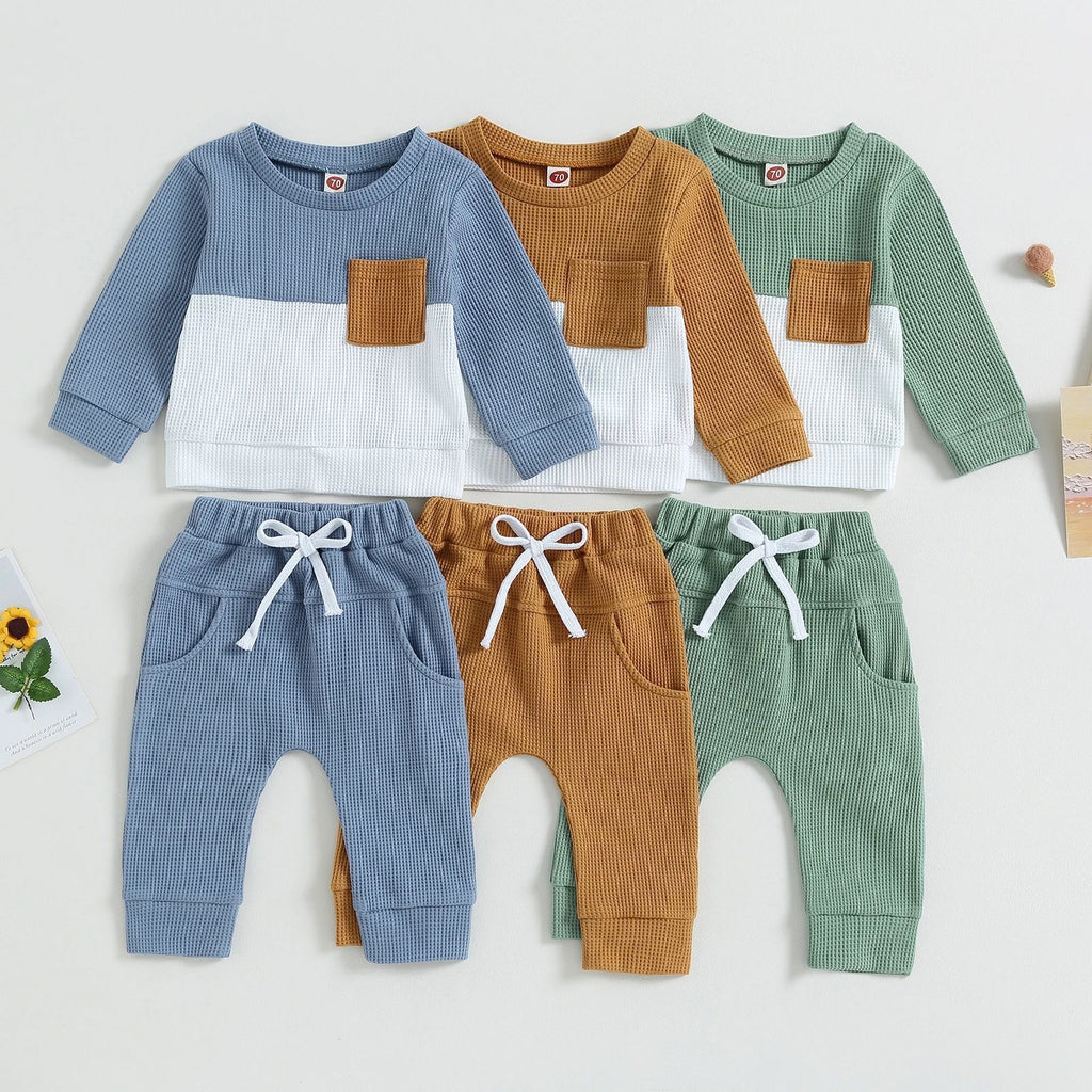 Color Matching Pocket Waffle Sweater Lace-up Sweatpants 2-Piece Children's Fashion Casual Wear Baby Suit - 𝓢𝓱𝓸𝓹𝓵𝓮𝓬𝔂