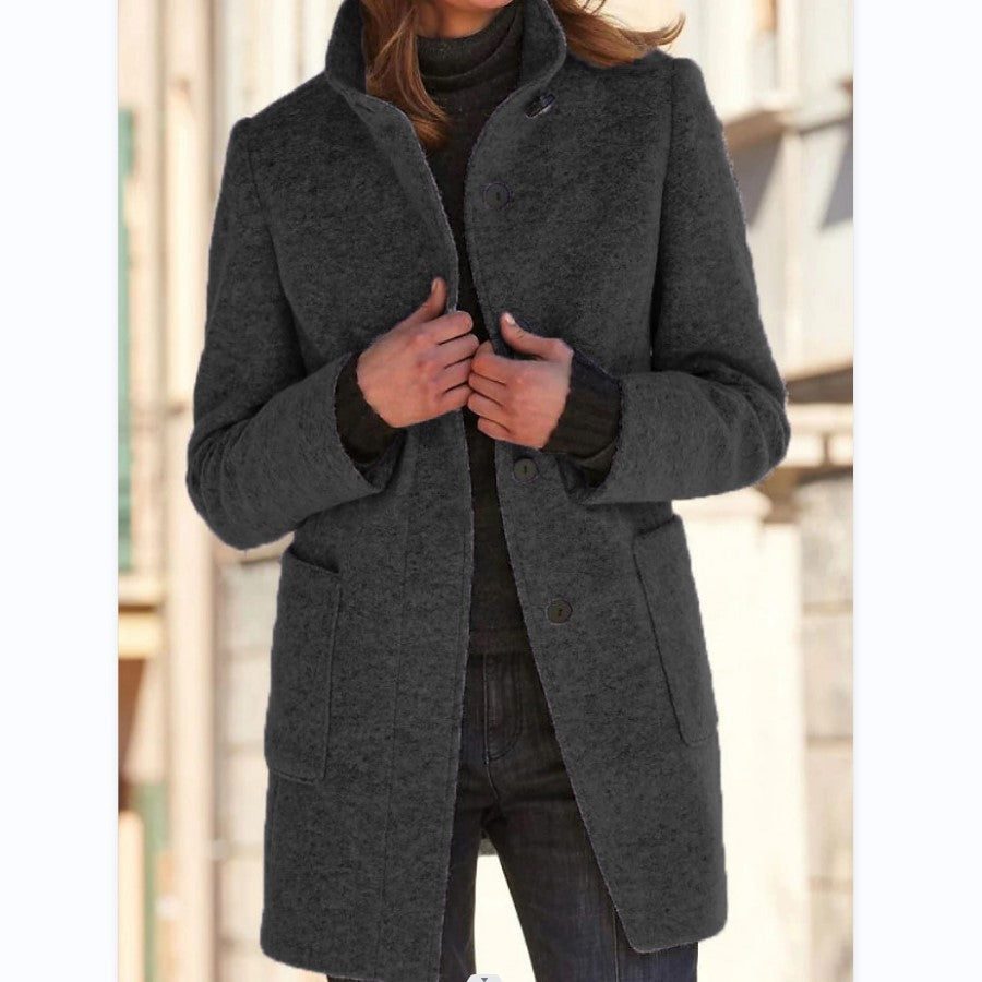 Fashion Stand Collar Woolen Coat With Pockets Fall Winter Casual Button Outwear For Women Clothing - 𝓢𝓱𝓸𝓹𝓵𝓮𝓬𝔂