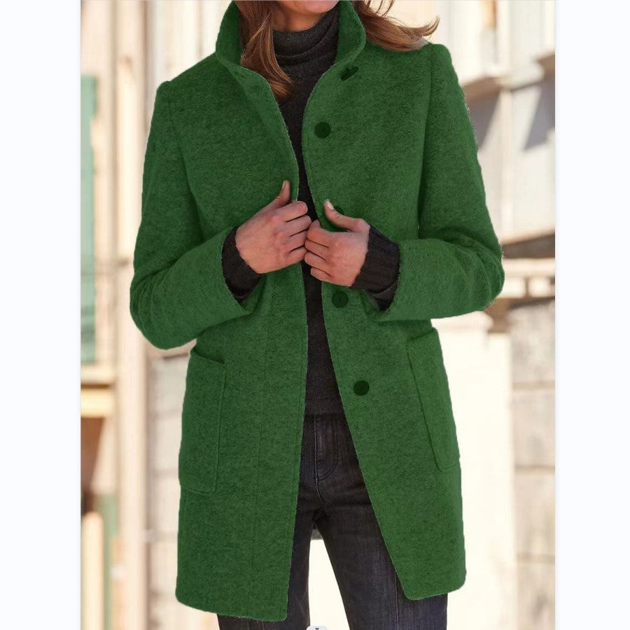 Fashion Stand Collar Woolen Coat With Pockets Fall Winter Casual Button Outwear For Women Clothing - 𝓢𝓱𝓸𝓹𝓵𝓮𝓬𝔂