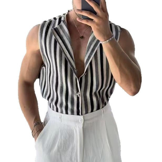 Men's Black And Gray Striped Sleeveless Lapel Shirt - 𝓢𝓱𝓸𝓹𝓵𝓮𝓬𝔂