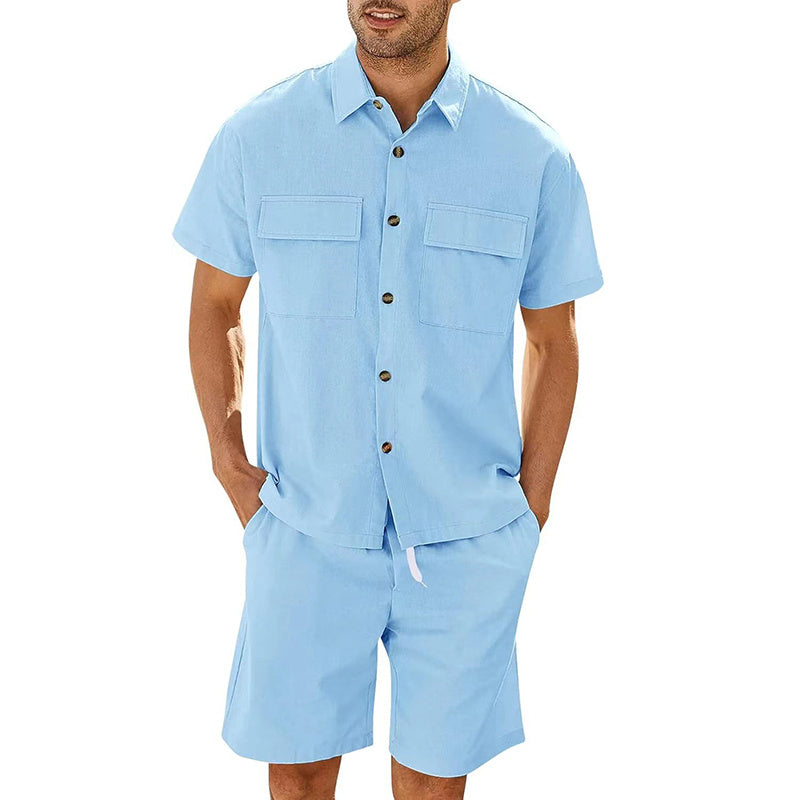 Summer Suits Men Short Sleeve Lapel Pockets Shirt And Drawstring Shorts Sports Fashion Leisure Men's Clothing - 𝓢𝓱𝓸𝓹𝓵𝓮𝓬𝔂