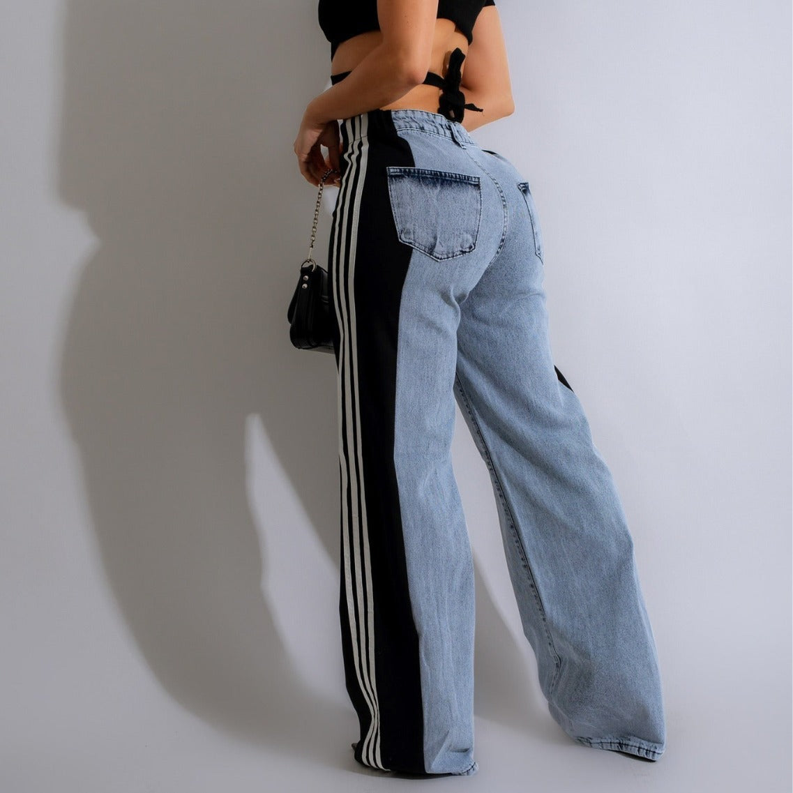 2025 Fashion Casual High Waist Elastic Straight Leg Trousers Three Stripe Patchwork Denim Wide Leg Pants Streetwear - 𝓢𝓱𝓸𝓹𝓵𝓮𝓬𝔂