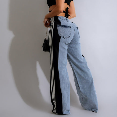 2025 Fashion Casual High Waist Elastic Straight Leg Trousers Three Stripe Patchwork Denim Wide Leg Pants Streetwear - 𝓢𝓱𝓸𝓹𝓵𝓮𝓬𝔂