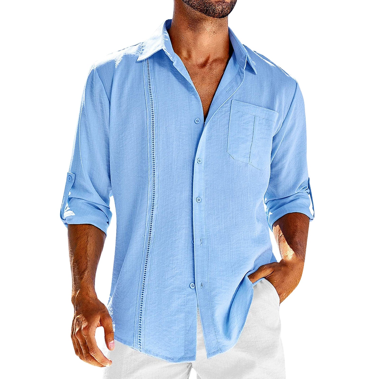Casual  Long Sleeve Shirt With Pocket Lace Polo Collar Solid Color Button Mens Clothing - 𝓢𝓱𝓸𝓹𝓵𝓮𝓬𝔂