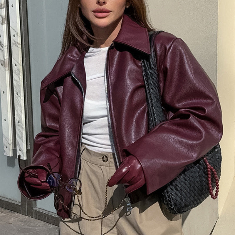 Solid Color Lapel Zipper Jacket Fashion Casual Long Sleeve Leather Coat Tops Women Clothing - 𝓢𝓱𝓸𝓹𝓵𝓮𝓬𝔂