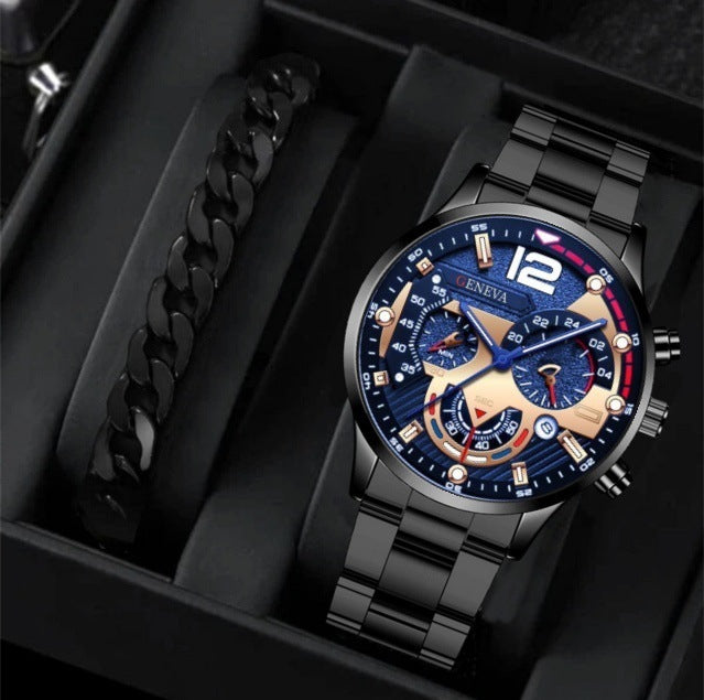 2pcs Men's New Popular Steel Strip Fashion Business Three Eye Quartz Watch Bracelet Set Valentine's Day Gifts - 𝓢𝓱𝓸𝓹𝓵𝓮𝓬𝔂