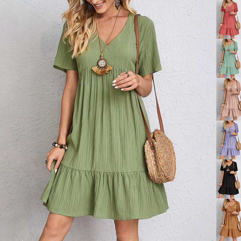 V-neck Short Sleeve Dress Summer Fashion Casual Loose Ruffled Dresses Beach Clothing Women - 𝓢𝓱𝓸𝓹𝓵𝓮𝓬𝔂