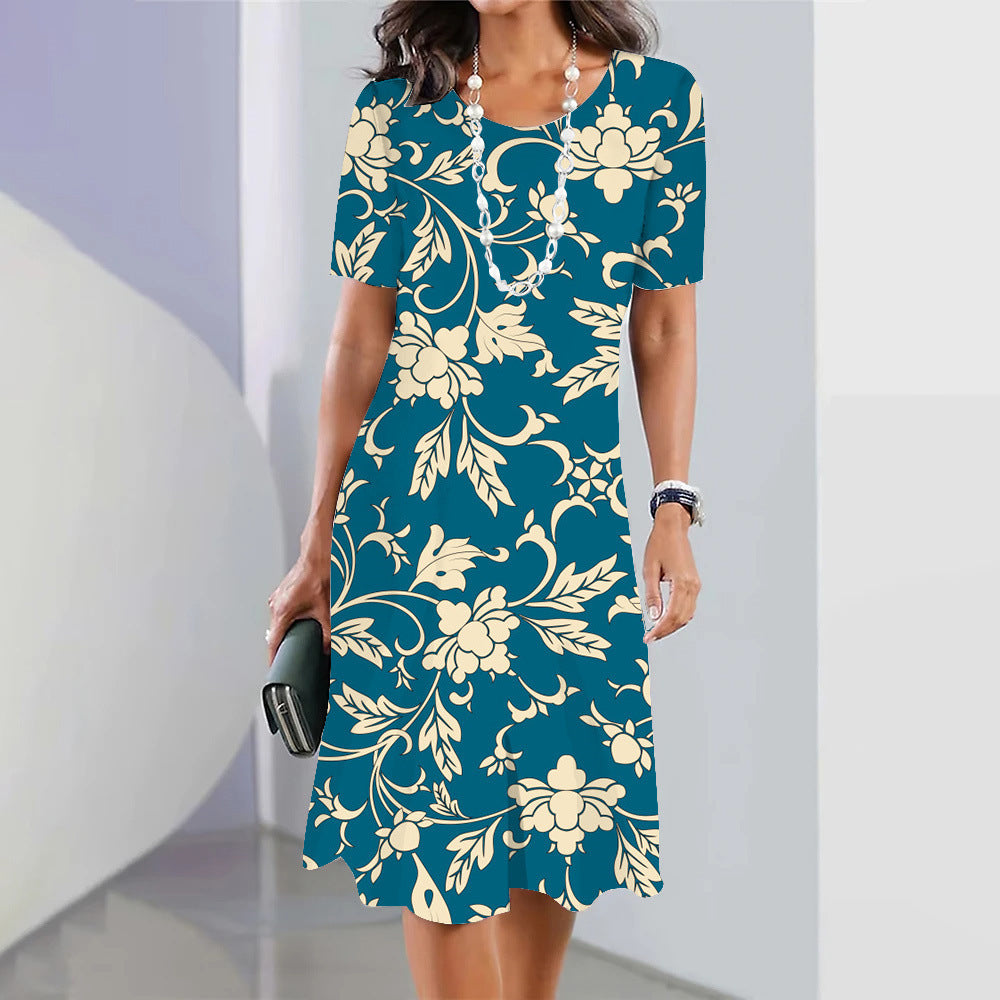 3d Floral Blue Printed Round Neck Fashion Party Dress - 𝓢𝓱𝓸𝓹𝓵𝓮𝓬𝔂
