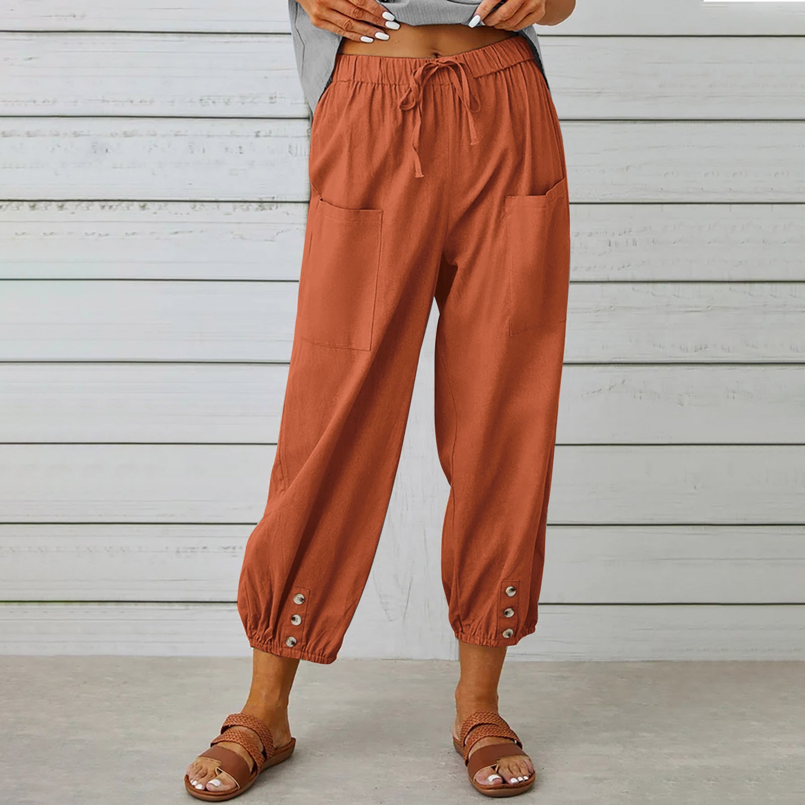 Women Drawstring Tie Pants Spring Summer Cotton And Linen Trousers With Pockets Button - 𝓢𝓱𝓸𝓹𝓵𝓮𝓬𝔂