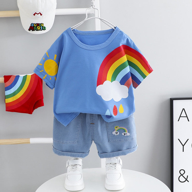 Boys And Girls Short-sleeved Denim Five-point Pants Two-piece Cute Pants Suit Cotton Short-sleeved - 𝓢𝓱𝓸𝓹𝓵𝓮𝓬𝔂