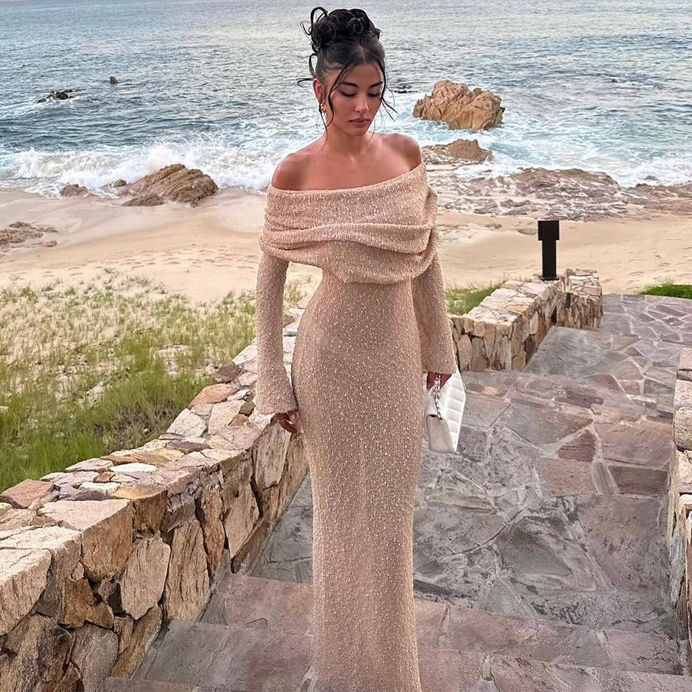 New One-shoulder Knitted Long-sleeved Dress Sexy Beach Holiday Long Dresses Womens Clothing - 𝓢𝓱𝓸𝓹𝓵𝓮𝓬𝔂