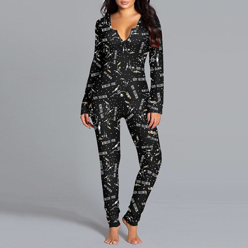 Halloween Printed Jumpsuit Long Sleeve Home Pajamas Casual Trousers Women's Cos Clothing - 𝓢𝓱𝓸𝓹𝓵𝓮𝓬𝔂