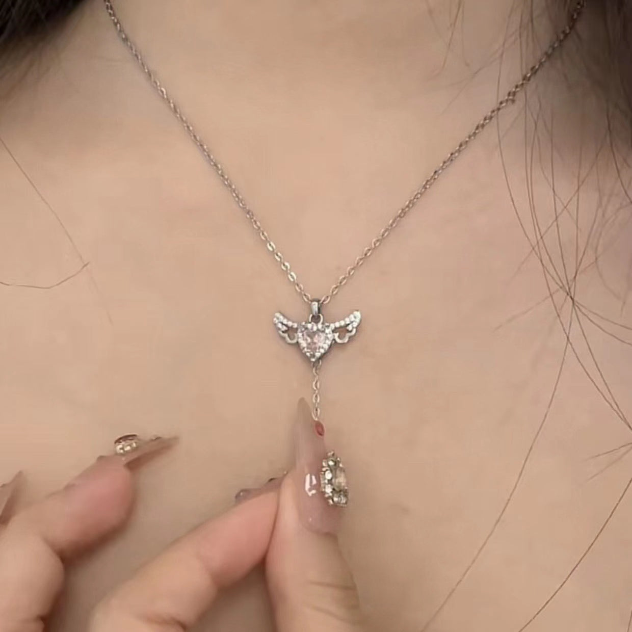 Moving Cupid Heart Angel Wings Tassel Necklace With Crystal Clavicle Chain Women Jewelry Gift Valentine's Day - 𝓢𝓱𝓸𝓹𝓵𝓮𝓬𝔂
