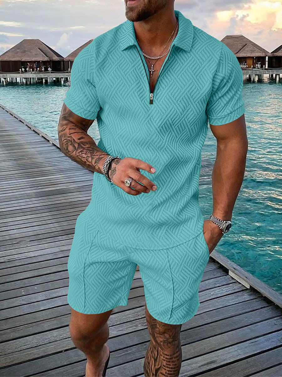 Men's Casual Color Contrast POLO Zip Lapel Shirt Short Sleeve Suit - 𝓢𝓱𝓸𝓹𝓵𝓮𝓬𝔂