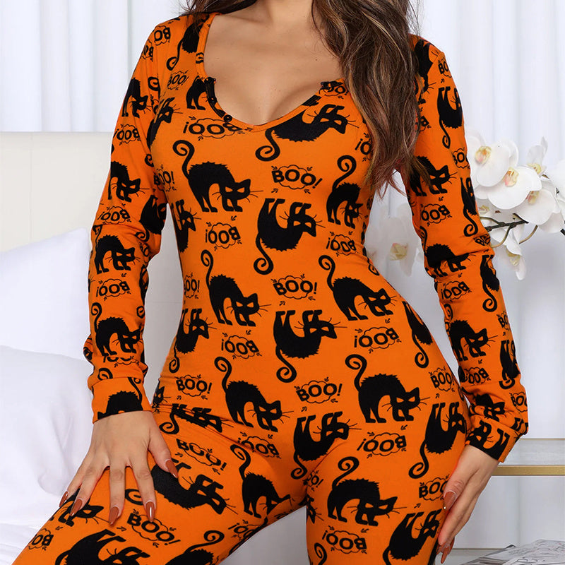 Halloween Printed Jumpsuit Long Sleeve Home Pajamas Casual Trousers Women's Cos Clothing - 𝓢𝓱𝓸𝓹𝓵𝓮𝓬𝔂