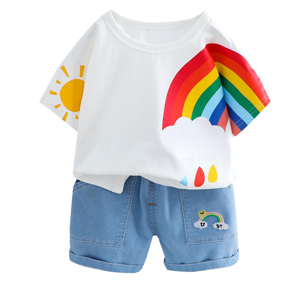 Boys And Girls Short-sleeved Denim Five-point Pants Two-piece Cute Pants Suit Cotton Short-sleeved - 𝓢𝓱𝓸𝓹𝓵𝓮𝓬𝔂