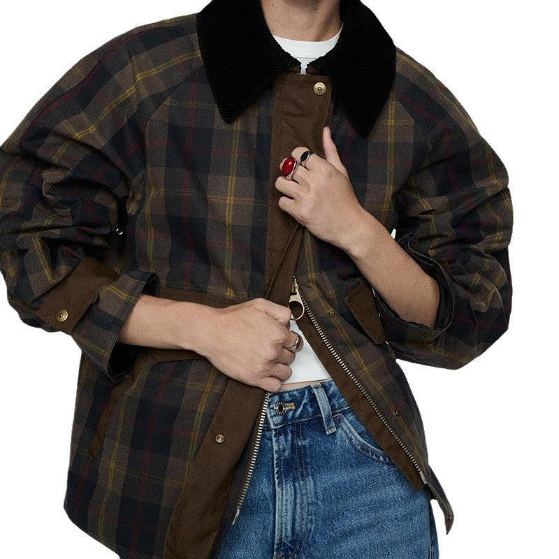 Autumn And Winter Plaid Fur Collar Cotton-padded Coat