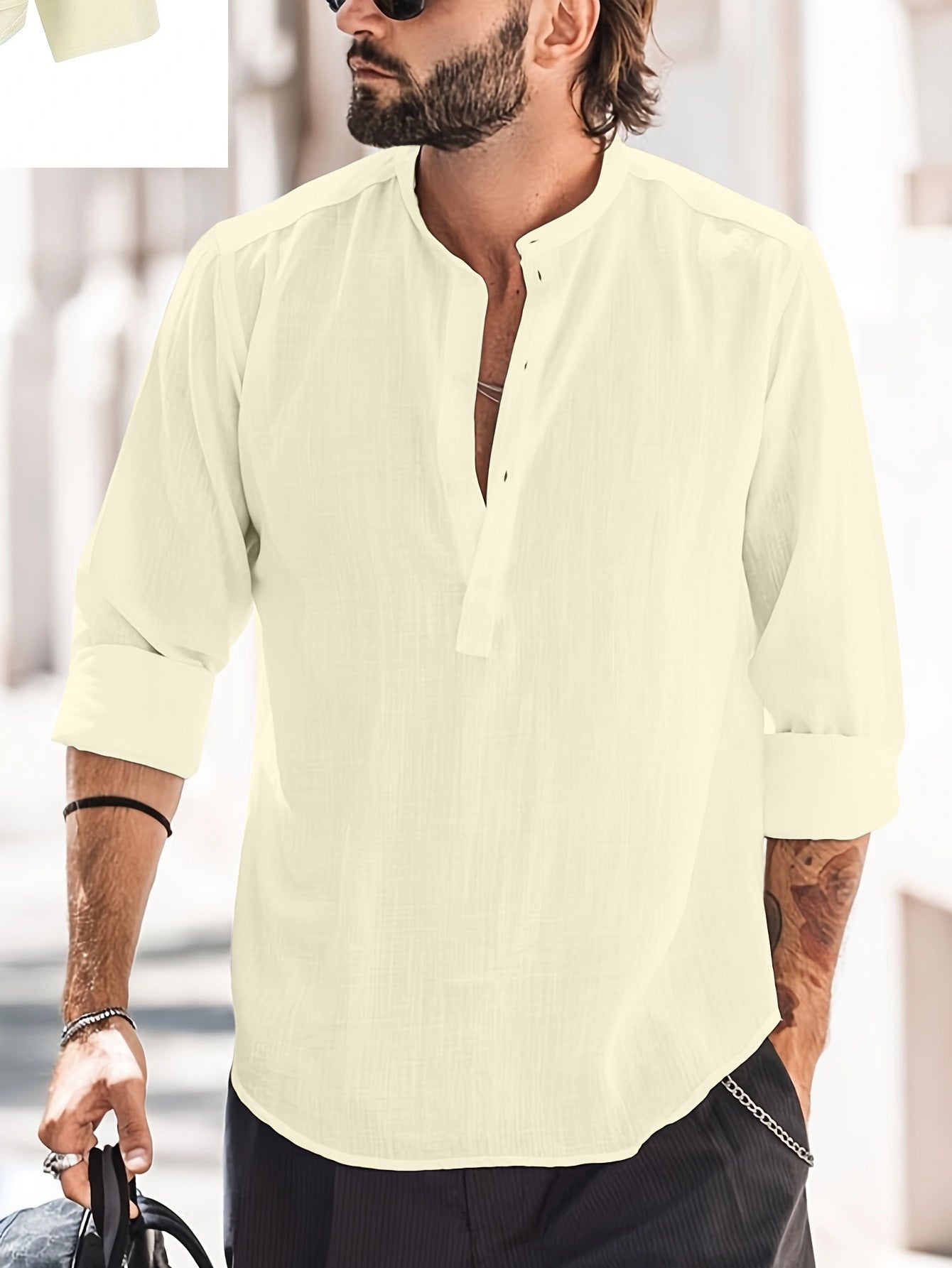 Men's Casual Stand-up Collar Door Barrel Solid Color Long-sleeved Shirt - 𝓢𝓱𝓸𝓹𝓵𝓮𝓬𝔂