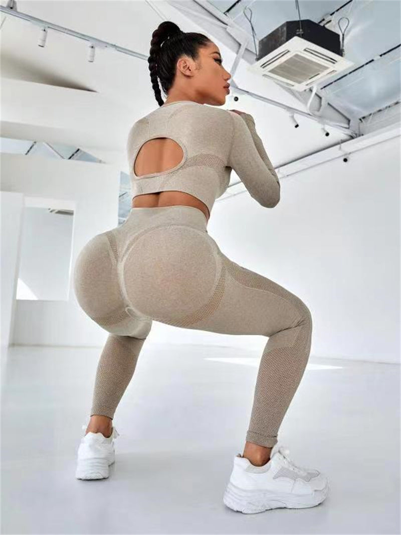 2pcs Sports Suits Long Sleeve Hollow Design Tops And Butt Lifting High Waist Seamless Fitness Leggings Sports Gym Sportswear Outfits Clothing - 𝓢𝓱𝓸𝓹𝓵𝓮𝓬𝔂