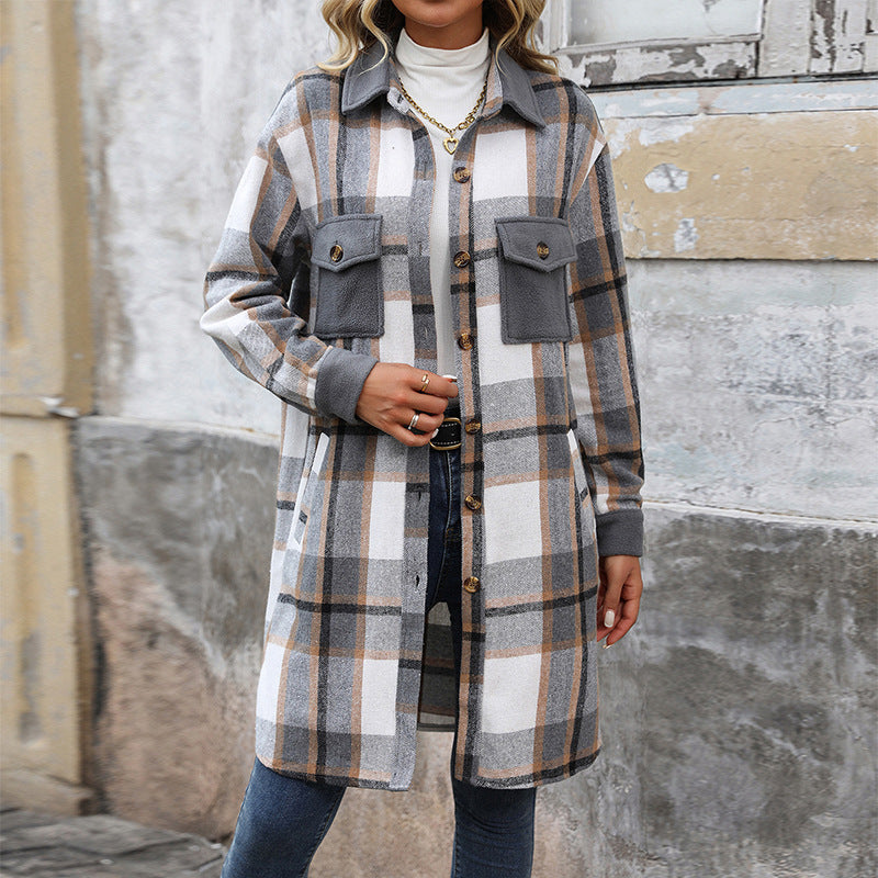 New Brushed Plaid Long Coat With Pockets Fashion Winter Jacket Outwear Women's Clothing - 𝓢𝓱𝓸𝓹𝓵𝓮𝓬𝔂