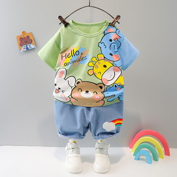 Boys And Girls Short-sleeved Denim Five-point Pants Two-piece Cute Pants Suit Cotton Short-sleeved - 𝓢𝓱𝓸𝓹𝓵𝓮𝓬𝔂