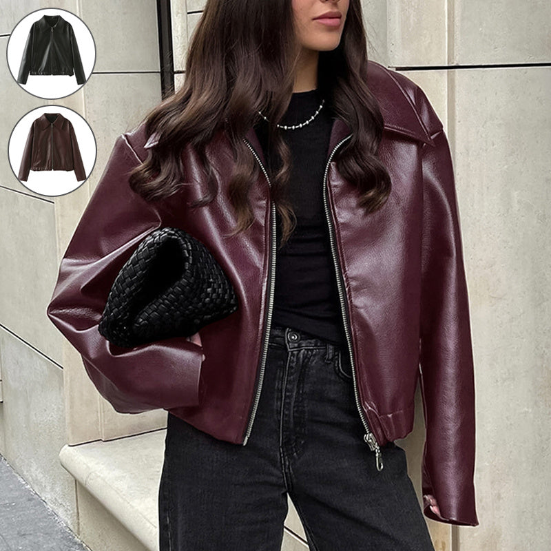 Solid Color Lapel Zipper Jacket Fashion Casual Long Sleeve Leather Coat Tops Women Clothing - 𝓢𝓱𝓸𝓹𝓵𝓮𝓬𝔂