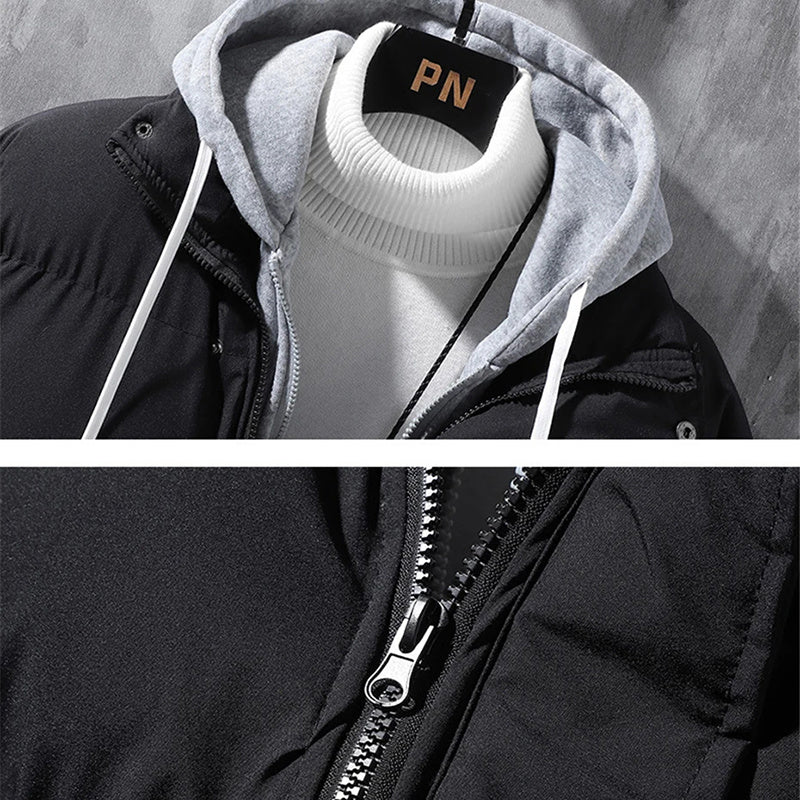 Fashion Hooded Jacket Men Winter Windproof Thickened Fake Two-piece Coat Solid Leisure Sports Cotton Jacket - 𝓢𝓱𝓸𝓹𝓵𝓮𝓬𝔂