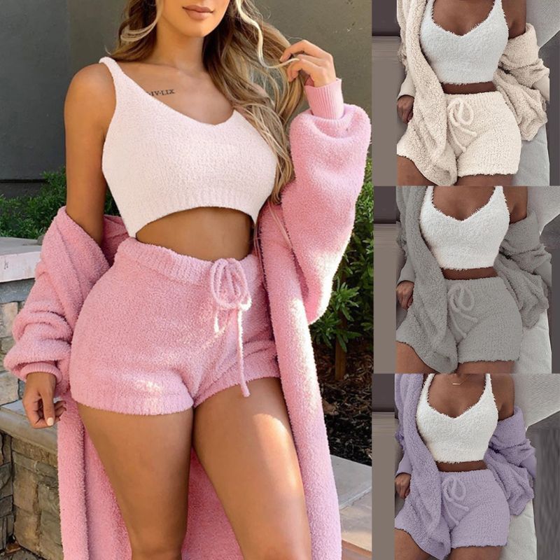 Winter Sexy Women Home Wear Suit Casual Pajamas Set Lady Female Soft Warm Long Sleeve Exposed Navel Vest Shorts Set - 𝓢𝓱𝓸𝓹𝓵𝓮𝓬𝔂