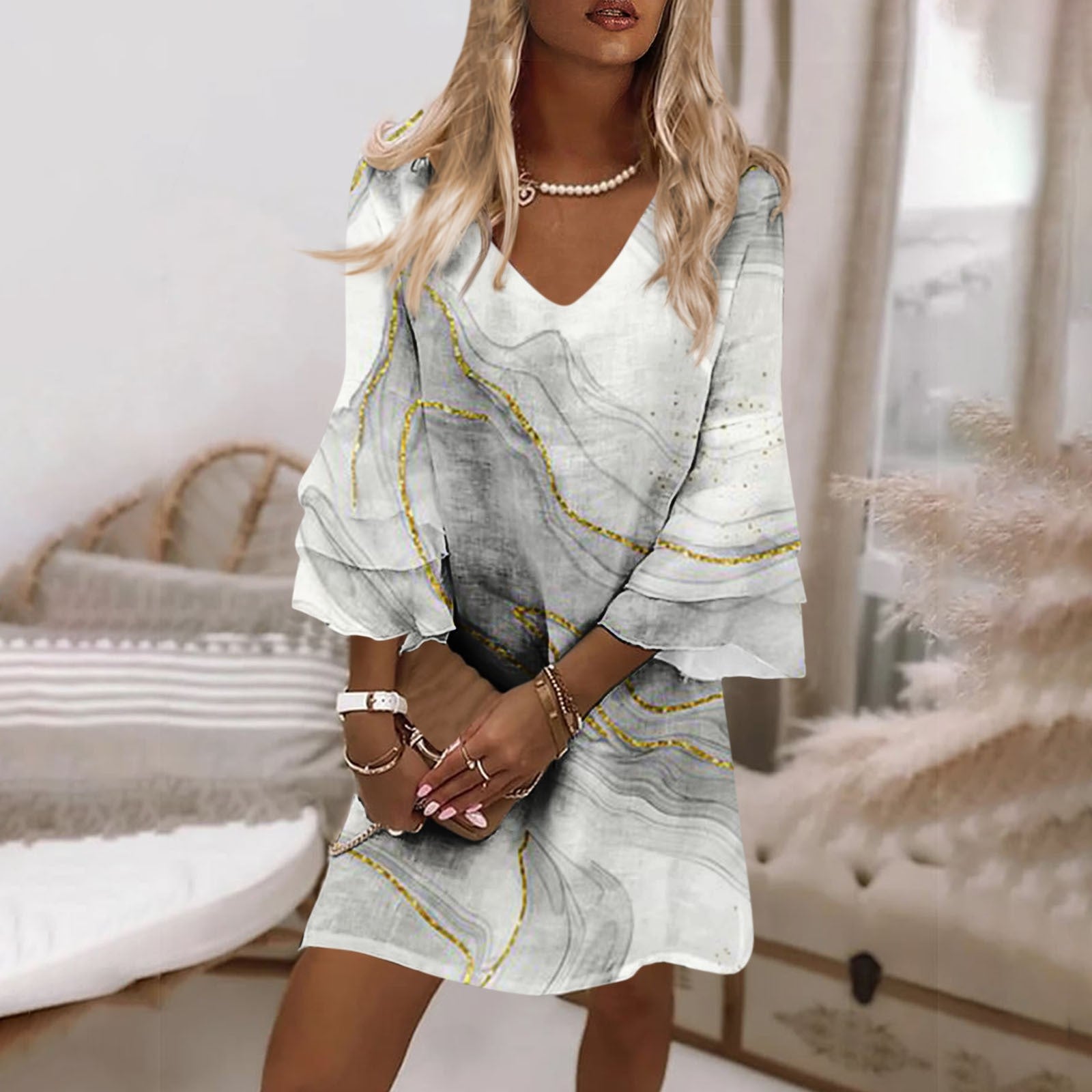 Mid-waist Marble Printed Short Sleeve Dress - 𝓢𝓱𝓸𝓹𝓵𝓮𝓬𝔂