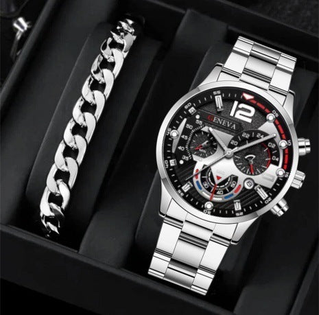 2pcs Men's New Popular Steel Strip Fashion Business Three Eye Quartz Watch Bracelet Set Valentine's Day Gifts - 𝓢𝓱𝓸𝓹𝓵𝓮𝓬𝔂