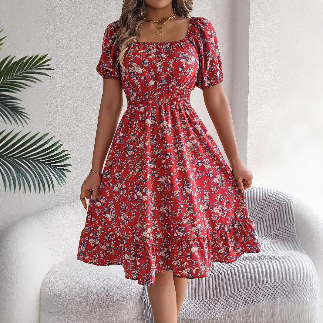Floral Print Square Collar Dress Summer Fashion Ruffles Dresses Women's Clothing - 𝓢𝓱𝓸𝓹𝓵𝓮𝓬𝔂