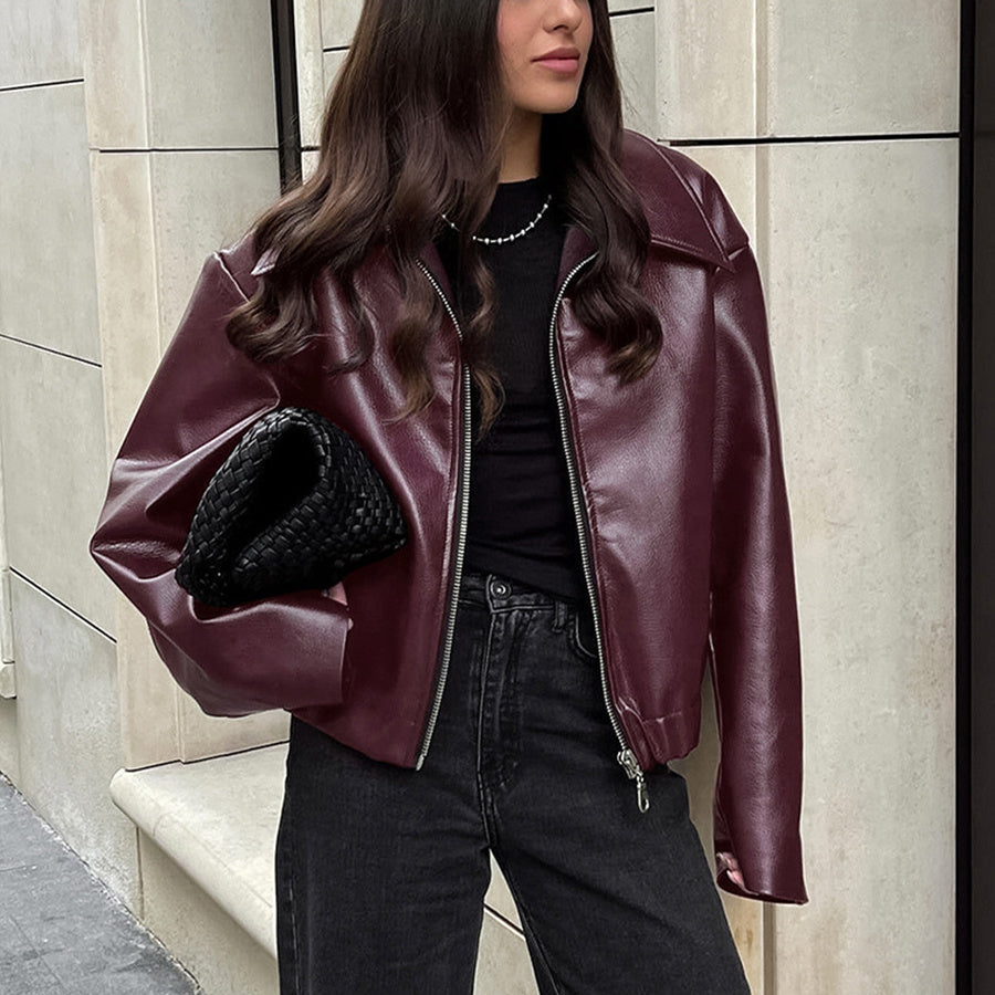 Solid Color Lapel Zipper Jacket Fashion Casual Long Sleeve Leather Coat Tops Women Clothing - 𝓢𝓱𝓸𝓹𝓵𝓮𝓬𝔂