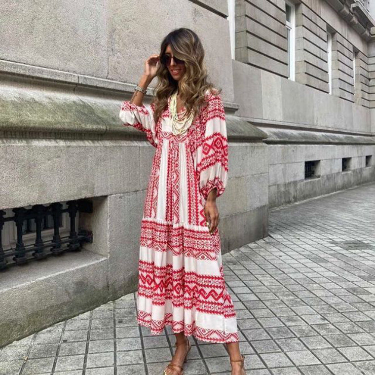 Summer Women's Vintage Printed Bohemian Dress Elegant Ladies Casual Loose V-Neck Short Sleeve Long Dresses - 𝓢𝓱𝓸𝓹𝓵𝓮𝓬𝔂