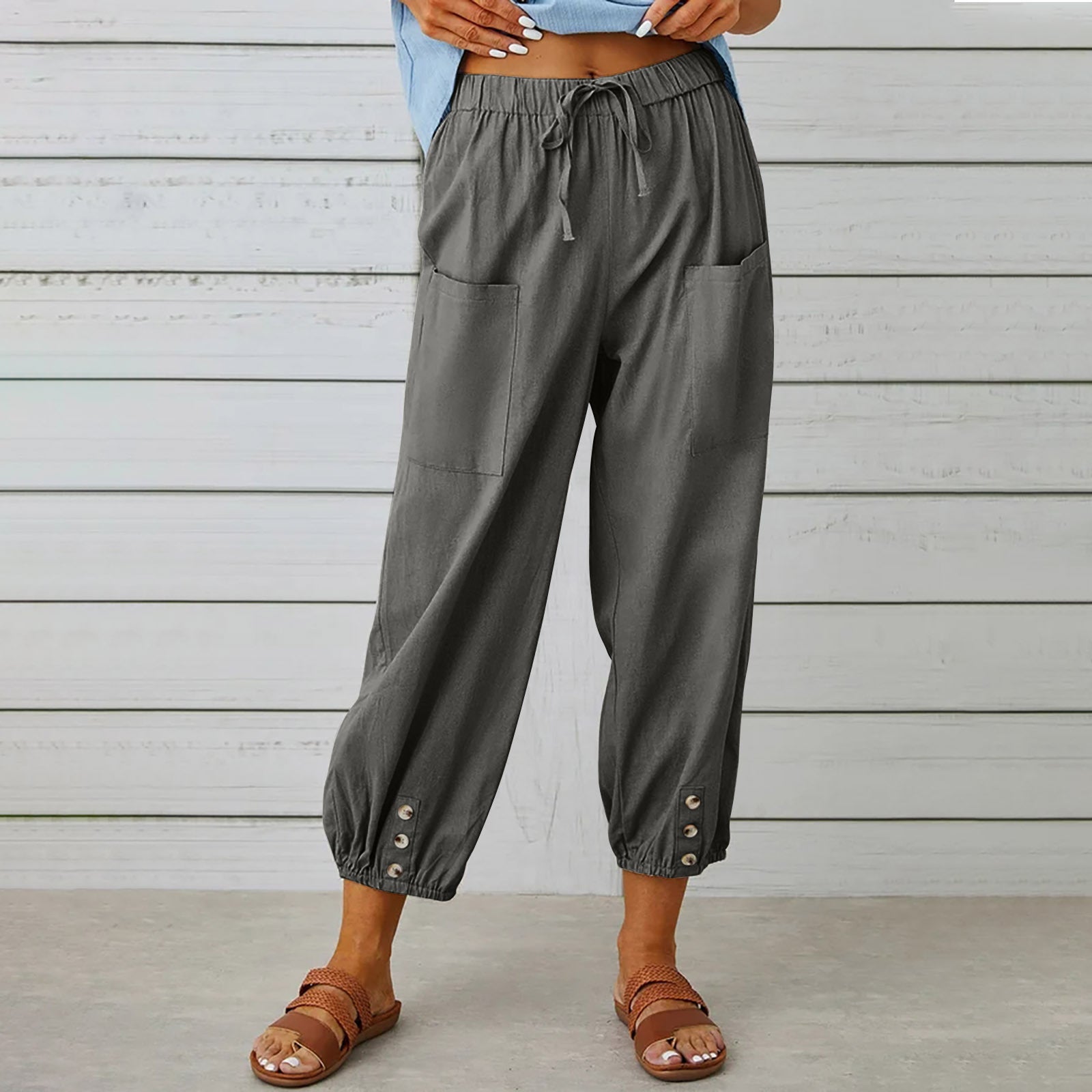 Women Drawstring Tie Pants Spring Summer Cotton And Linen Trousers With Pockets Button - 𝓢𝓱𝓸𝓹𝓵𝓮𝓬𝔂