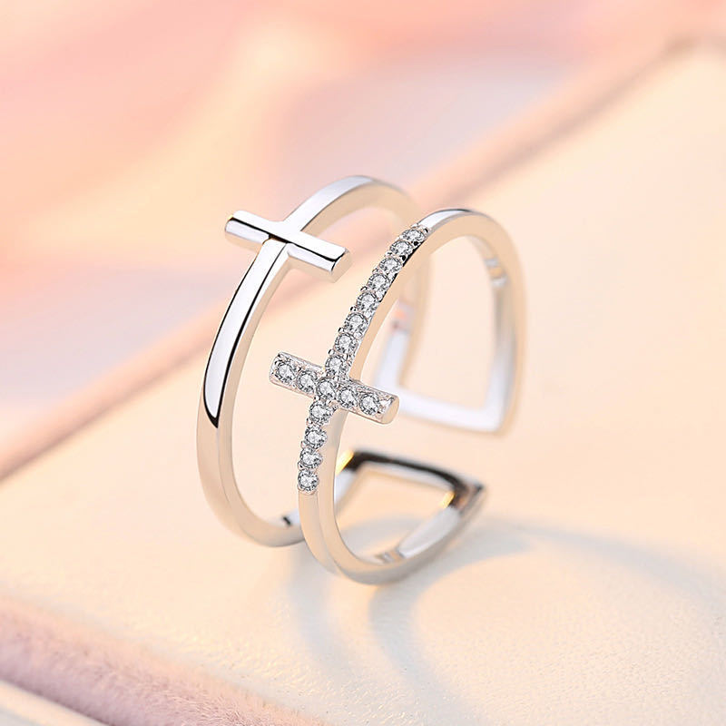 Double Cross Miniature Copper Inlaid Zircon Ring - 𝓢𝓱𝓸𝓹𝓵𝓮𝓬𝔂